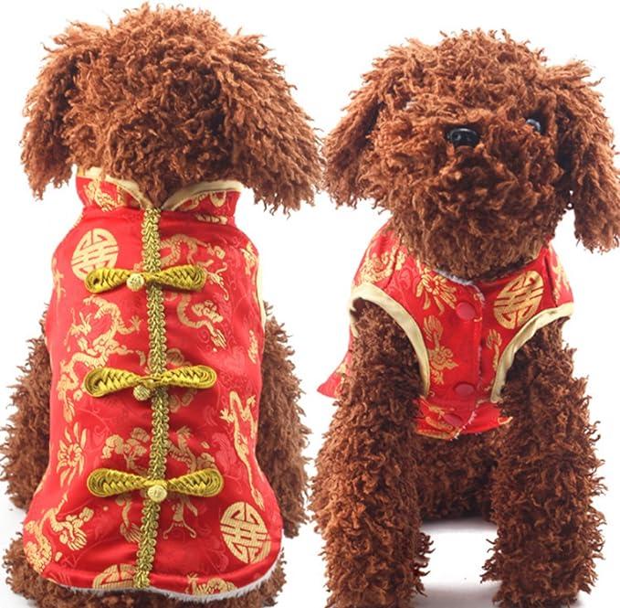 SEIS New Year Dog Knot Buttons Costume Dragon Cat Cheongsam Winter Pet Clothes Vest of The Tang Dynasty Christmas Coat for Cats Teddy Bichon Small Medium Dogs (Chest Circumference 50cm/ 19.7")