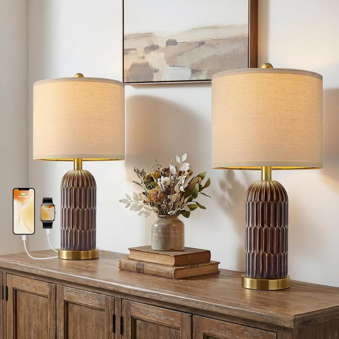 22.5" Bedside Table Lamps Set of 2, Farmhouse Table Lamp with USB A+C Charging Ports, Vintage Nightstand Lamp for Bedrooms and Living Rooms, Mid Century Modern End Table Lamp, Brown and Gold
