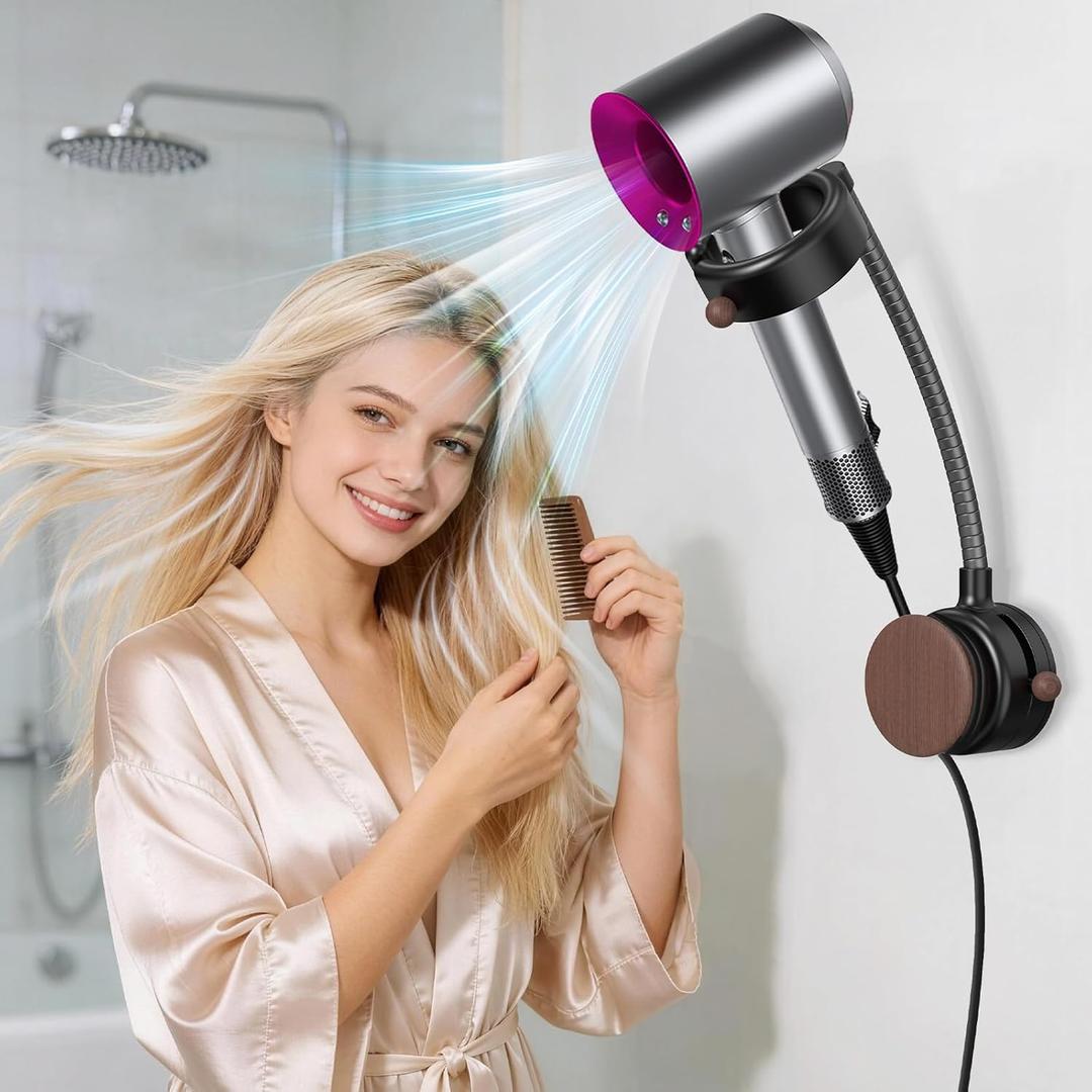 SEANCHEER Hands Free Hair Dryer Holder Wall Mount, 360 Rotating Adjustable Height Suction Cup Blow Dryer Holder, No Drill Installation, Damage-Free Wall, with Cord Storage for Most Hair Dryers