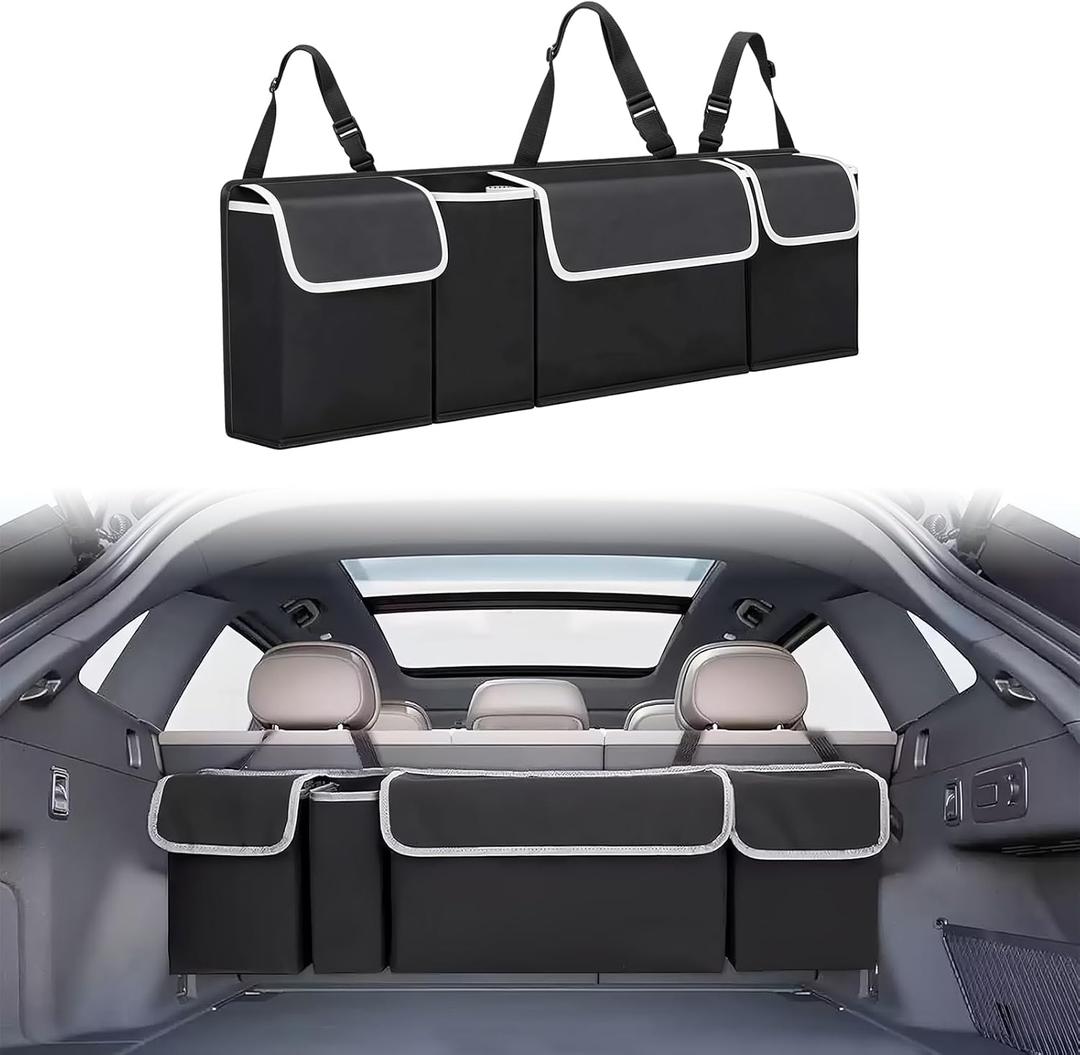 Car Trunk Organizer and Storage, Backseat Hanging Trunk Organizers and Storage, Waterproof Collapsible Cargo Large Bag with 4 Pockets, Car Interior Accessories for SUV, Truck (Black)