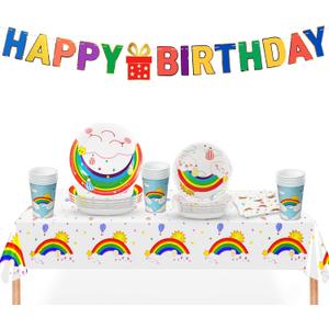 KatchOn, Rainbow Birthday Decorations - Huge Pack of 116, Serve 25 | Plates, Cups, Napkins and Banner for Rainbow Birthday Party Decorations | Bday Party Supplies, Colorful Bday Decoration
