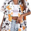 2 x Womens Halloween Hawaiian Shirt Cute Pumpkin Spooky Castle Graphic Tee Magical Halloween Short Sleeve Button Up Tops (M)