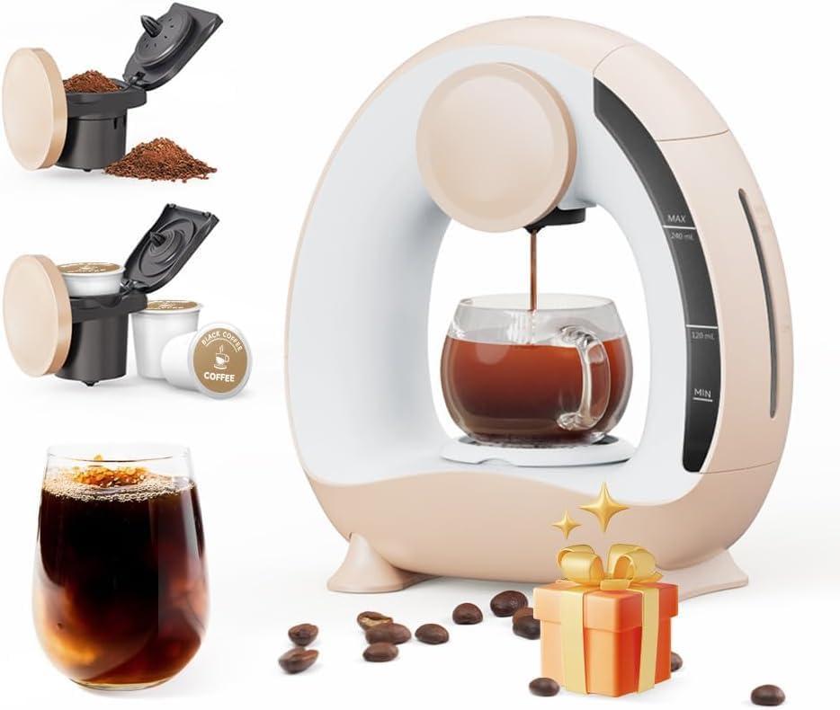 BENFUCHEN Pod and Grounds Single-Serve Coffee Maker, 2 in 1 One Cup Coffee Machine Compatible with K-Cup Pod & Coffee Grounds/Tea, Compact Design, 4-8oz, Champagne Color