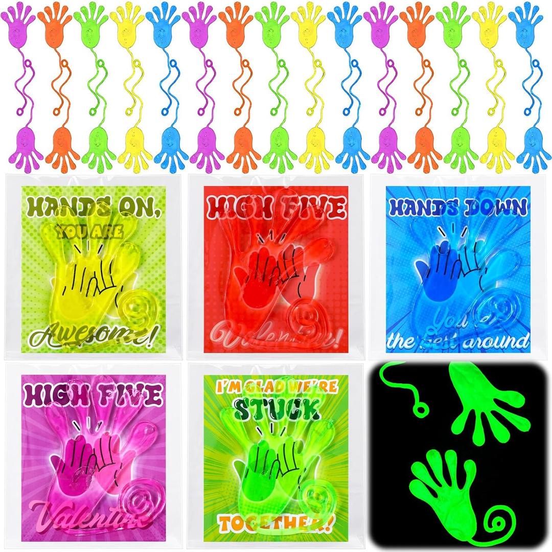 Realspring 50 Pcs Valentines Day Glow in Dark Sticky Hands for Kids Valentine Classroom Exchange Gifts Cards Valentine's Party Favors Supplies Stretchy Fingers Valentine Toys Gifts
