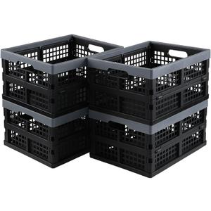 15 L Plastic Collapsible Crates, Stackable Folding Crates, 4 Packs (Black and Deep Grey)