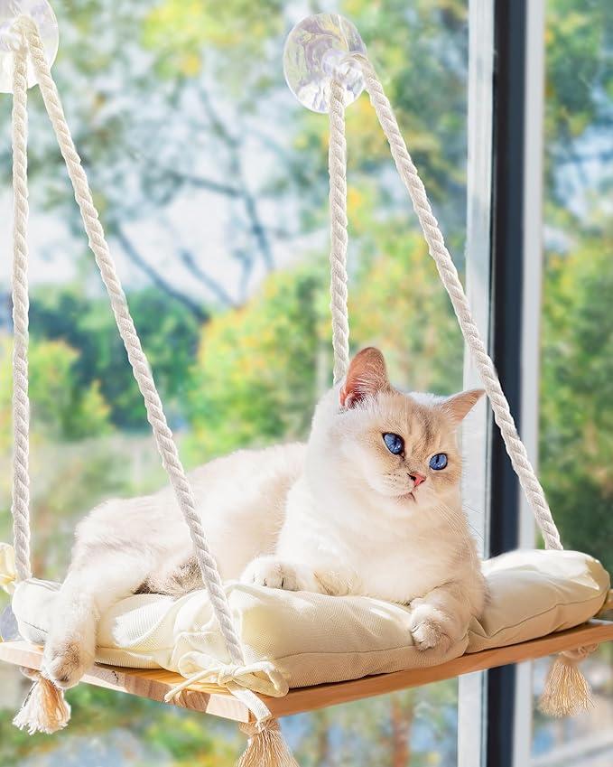 Cat Window Perch with IndustrialGrade Suction Cups  Solid Pine Wood Hammock Bed, Soft Cushion  42 lb Capacity for Cats Inside