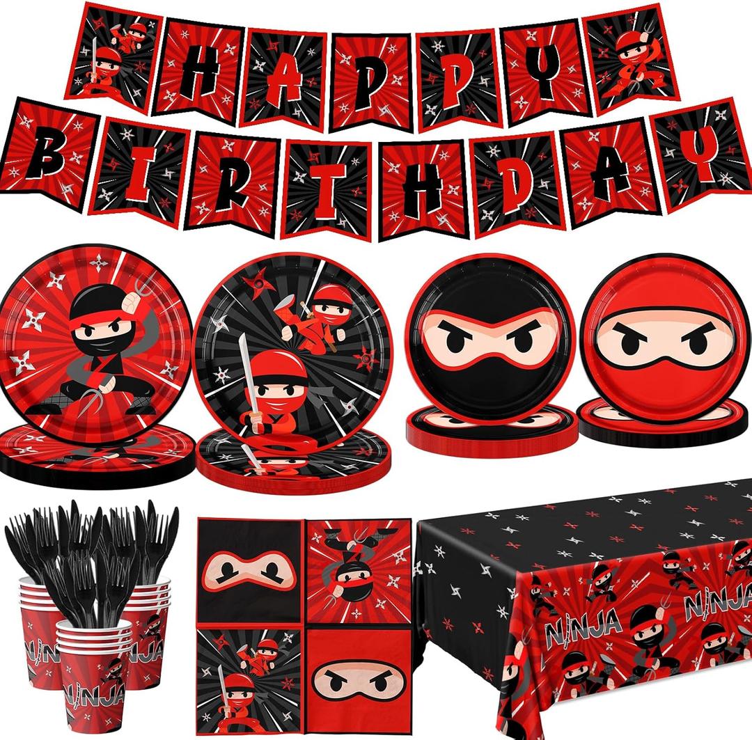 Ninja Birthday Party Decoration Tableware Set, 142pcs Plates and Napkins Supplies Include Warrior Plates Napkin Cups Tablecloth Banner for Ninja Master Birthday Decor
