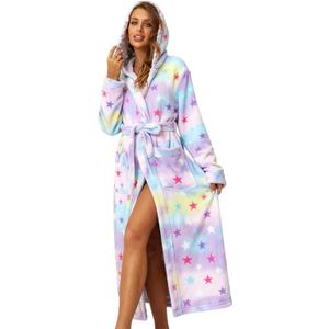 RONGTAI Womens Robes Plush Fleece Print Star Hooded Bathrobe Thick Nightgown with Pockets Fluffy Sleepwear Large, Star