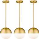 LMS 8 Inch Mid Century Pendant Lights, Brushed Gold Kitchen Island Light Fixtures with White Globe Glass Shade, Adjustable Hanging Rod, 3-Pack for Home Office Dining Room Bathroom, LMS-186BG3PK