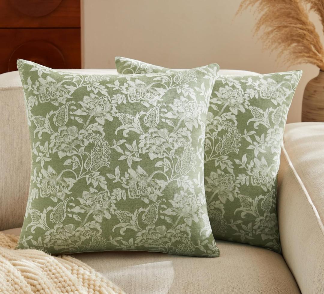 YZJZEDS Floral Jacquard Throw Pillow Covers Set of 2, Background/Green 16x16 Inch, Farmhouse Decorative Cotton Sage Green Cushion Covers for Sofa Bed Living Room Home Decor
