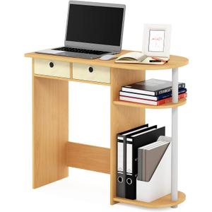 Furinno GO GREEN Desk, 31.5" Wide Gaming Desk with 2 Side Shelves and Storage Bins, Computer Desk, Office Desk for Home Office, Study Room, Dorm, Bedroom, Beech