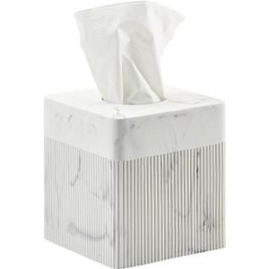 White Tissue Box Cover Square Resin Tissue Holder for Home Decor, Hand Poured Marble Ribbed Cube Tissue Box Holder 5.5 Inch Heavy Duty Luxury Tissue Box Case for Bathroom, Living Room, Office