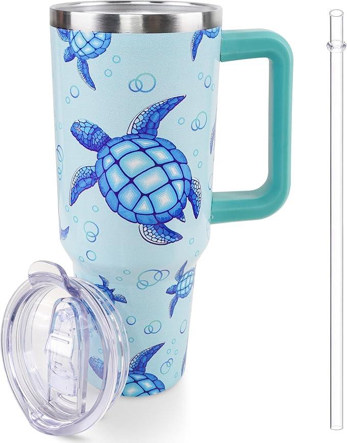 Lumumanber 40 oz Sea Turtle Tumbler with Handle and Straw, Travel Mug Water Bottle, Stainless Steel Insulated Cup with Lid and Birthday Christmas Gifts