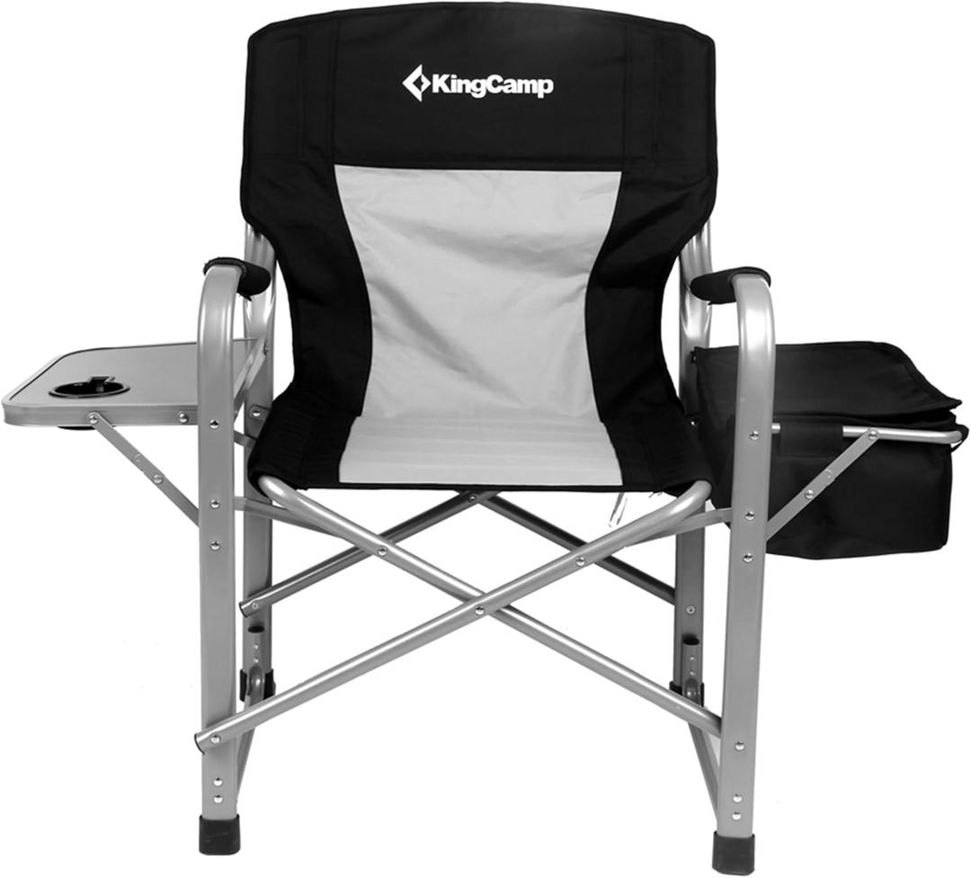 KingCamp Directors Chair with Side Table, Portable Folding Camping Chairs 300lbs Heavy Duty Seat with Pocket, Breathable Mesh Back & Compact Design for Camping Hiking Backpacking Fishing (Black / Grey)