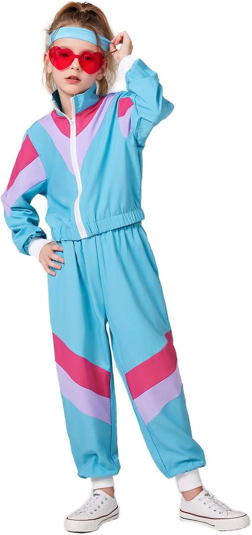 SIZGAROOT 80s 90s Retro Windbreaker Set Girls Workout Costume Outfit Track Suit for Girls (Blue, S)