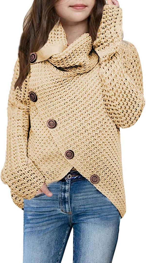 Haloumoning Girls Sweaters Button Turtle Cowl Neck Asymmetric Hem Wrap Pullover Sweaters for Girls (Beige)