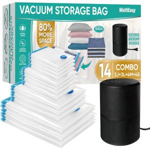 Vacuum Storage Bags with Electric Pump, 14 Pack (3 Jumbo/3 Large/4 Medium/4 Small), Space Saver Bags with Pump, Storage Vacuum Sealed Bags for Clothes, Comforters, Blankets, Bedding