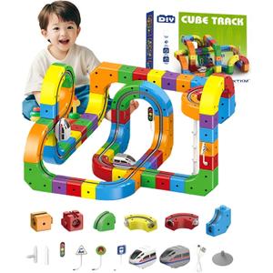 Magnetic Suction Rail Electric Train Set 3D Magic Flexible Race Track, 123 Pcs Race Car Track Block with Anti-Gravity, Educational Toy Boys Girls Birthday (123 PCS)