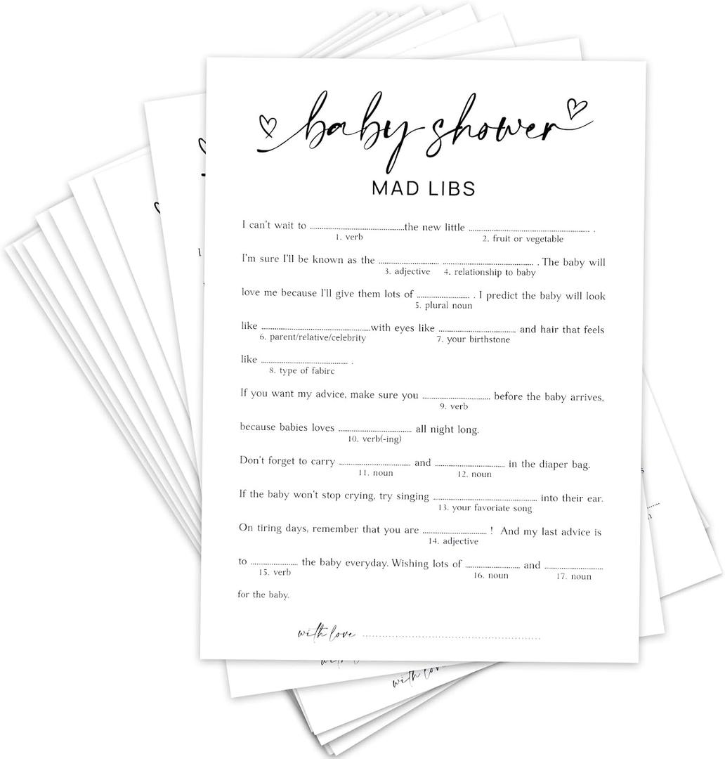 Baby Shower Games Mad Libs Baby Shower Game for Boy Girl for 50 Guests Activity Gender Neutral