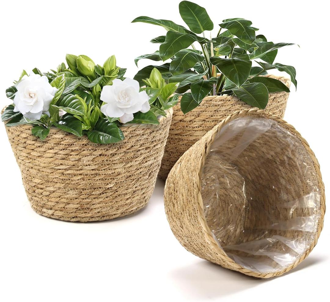 Athaliah Plant Basket, 3 PCS Plant Baskets Indoor with Plastic Liner, Water Hyacinth Woven Planters Flower Basket, Planter Basket for Rustic Boho Home Farmhouse Floor Potted Pots Decor (Brown (Large))