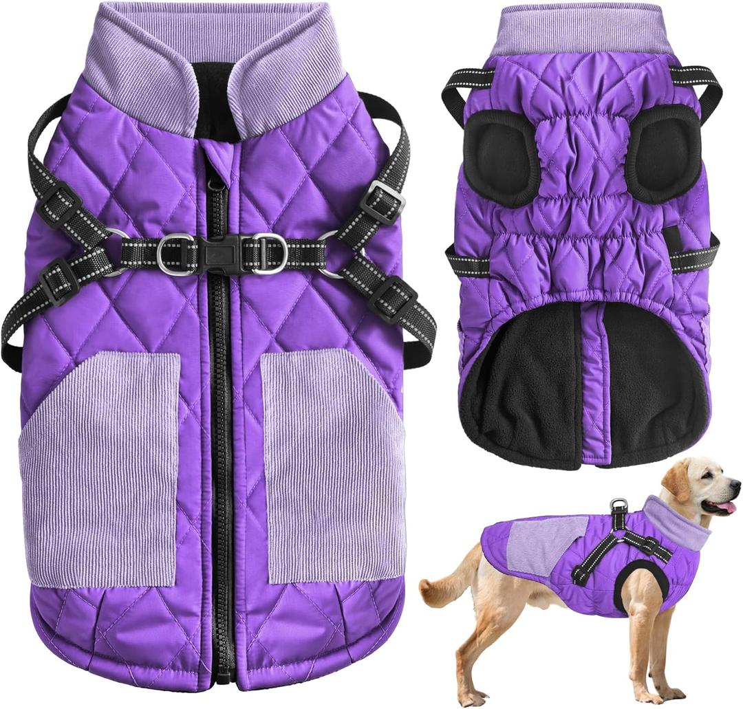 Mosucoirl Warm Dog Coats Pet Clothes, Waterproof Dogs Jacket Reflective Pet Outfits Winter Dog Cold Weather Coat Cozy Snow Jackets Vest for Dogs Puppy Doggie (Purple, L)