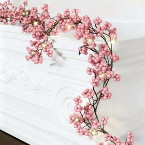 Syhood Valentines Berry String Garland with Lights Thanksgiving Artificial Lighted Garland for Home Xmas Winter Tree Decor Office Fireplace Mantel Decoration Holiday, 6 Ft(Pink, 1 Pc)