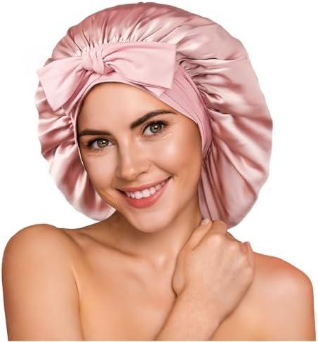 YFONG 100% 22 Momme Mulberry Silk Bonnet for Sleeping Women, Larger Double Layer Silk Hair Wrap for Curly Short Long Hair, Non-Slip Sleep Cap Turban with Elastic Tie Band for Hair Care, Pink