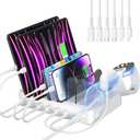SooPii Premium 6-Port USB Charging Station Organizer for Multiple Devices, 6 Short Charging Cables and One Upgraded i-Watch Charger Holder Included, for Phones, Tablets, and Other Electronics, White