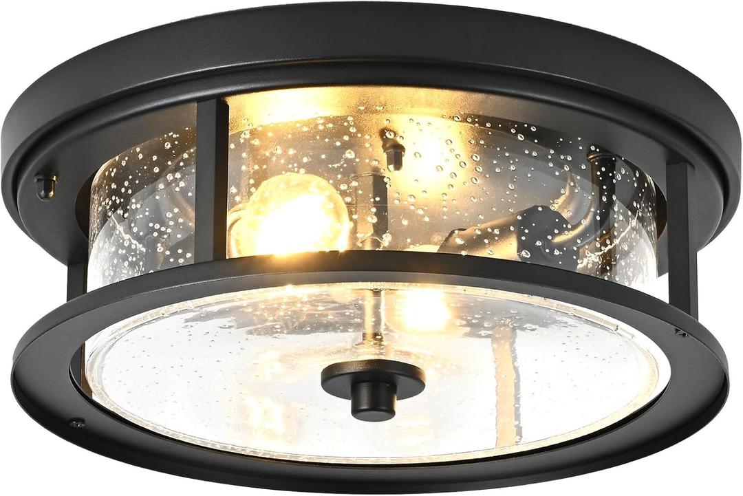 Black Ceiling Light Fixtures Flush Mount Light, 2 Bulb with Glass Flush Mount Ceiling Lights Fixture Bedroom, Indoor Outdoor Ceiling Lights for Porch Hallway Kitchen