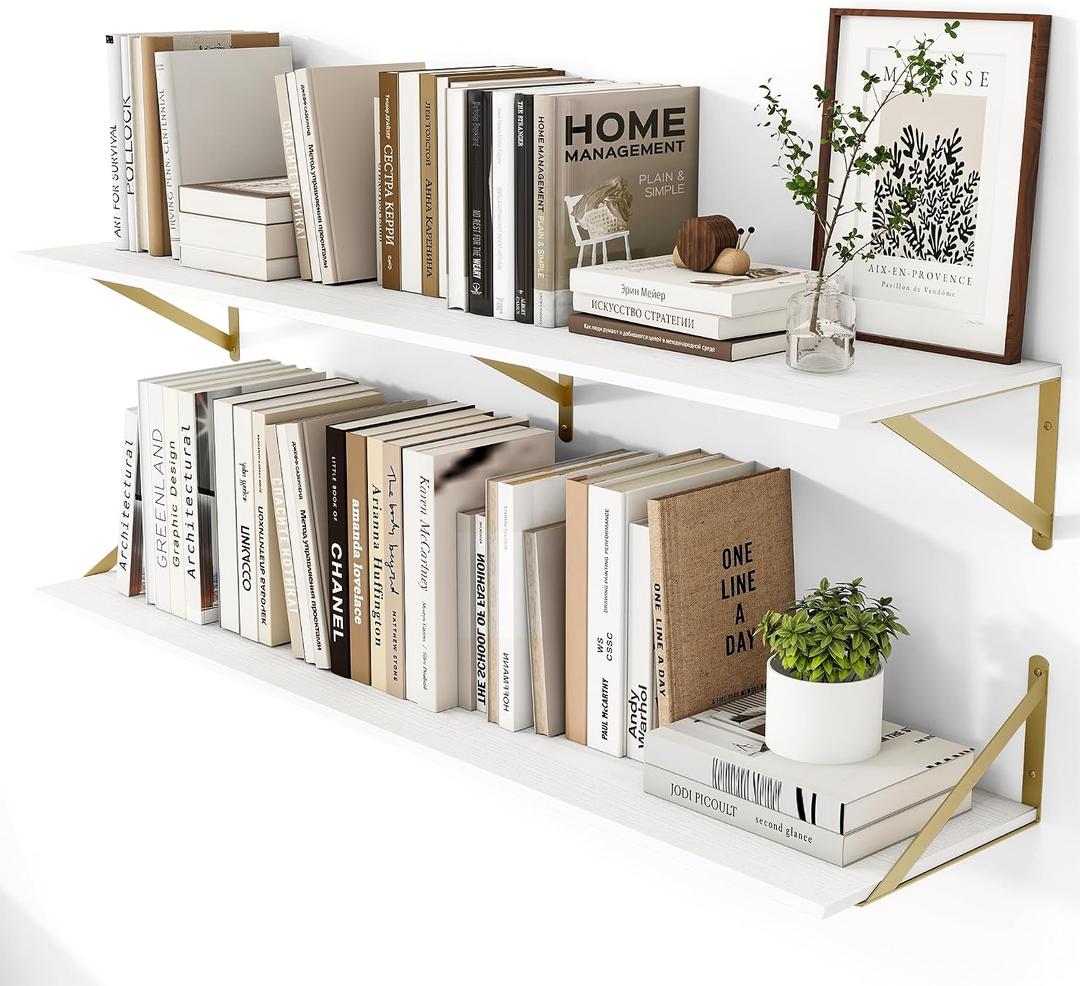 Heimlove 48W x 12D Deep Floating Shelves Set of 2 White & Gold, 48wx12dx5.8h