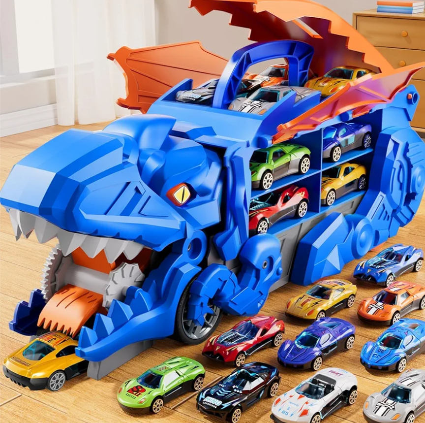 Dinosaur Planet Toddler Truck Toys for 3 4 5 6 Years Old Boys, Cars Track Set Dinosaur Transporter Truck with 10 Die-Cast Car Toys, Transforms into Dino with Wings and Handle for Kids. 4 Pack