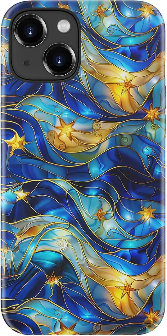 for iPhone 15 Case - Wireless Charging Compatible - Dual-Layer Hard Shell + Silicone Cover - Shockproof Protective Phone Case with Stylish Designs for Women - Abstract Bule Gold Water