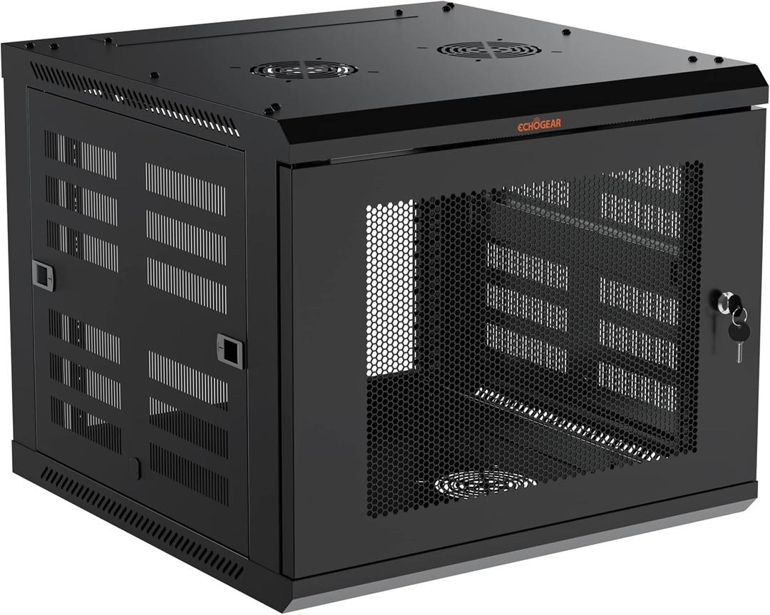 ECHOGEAR 9U Network Rack - Enclosed Wall Mount Rack Kit Includes 2X 1U Shelves, Pre-Mounted Fan, Lockable Door & Hardware - 600mm Depth Fits All Your AV Gear