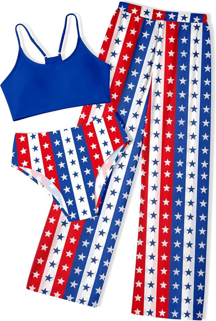 NECIOUS Girls Swimsuit, 3 Piece Bikini Bathing Suit Tropical Floral Swimwear with Cover Up Pants 7-16Y (9-10 Years, Blue Red)