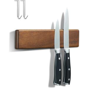 ENOKING Magnetic Knife Holder for Wall, 10 Inch Powerful Magnetic Knife Holder for Refrigerator, Knife Magnetic Strip No Drilling Acacia Wood Wall Knife Holder Magnet Magnetic Knife Bar with 2 Hooks