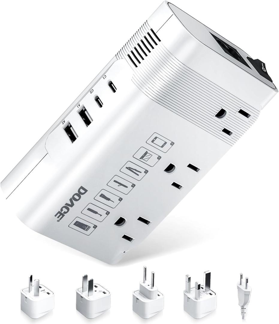 DOACE 220v to 110v Voltage Converter US to Europe: 350W 220 to 110 Voltage Converter for European Travel - International Power Adapter Plug Combo Step Down Transformer White