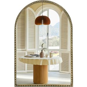 Arched Wall Mirror for Bathroom, 20"x30"-Ornate Decorative Bathroom Mirror with Beaded Metal Frame - Modern Distressed Hanging Wall Decor for Bedroom/Living Room/Entryway-Antique Gold Mirror