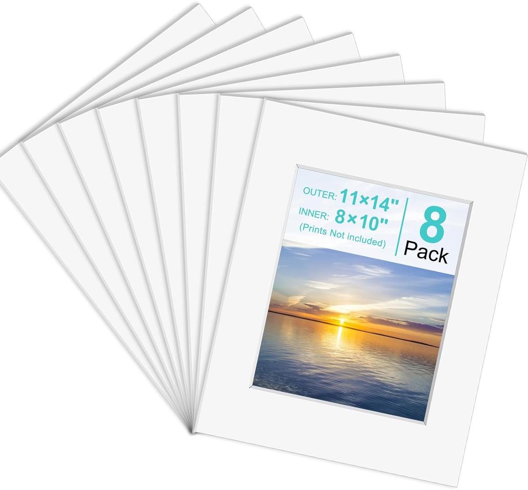 8 Pack Picture Mats for Frames, Acid Free 11x14 Matted to 8x10, Picture Frame Mats for Pictures, Watercolor, Artwork and Prints (White)