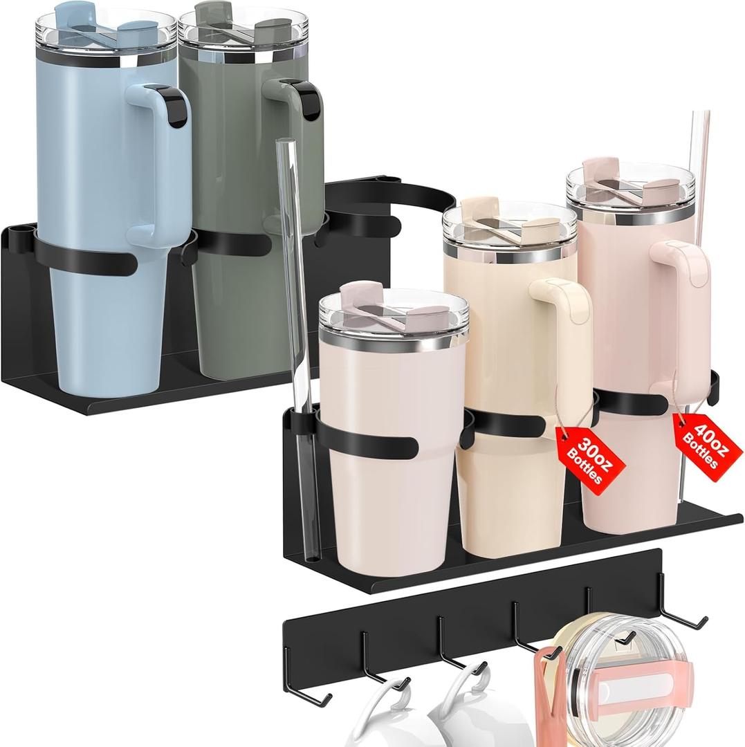 KALYLOC 2 Packs Magnetic Cup Holder for Stanley Cup 30/40 oz, Water Bottle Organizer for Stanley Cup Accessories with 6 Hook for Fridge, Tumbler Holder Organizer Storage Rack for Kitchen Cabinets