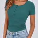 PRETTYGARDEN Womens 2026 Summer Short Sleeve Tops Ribbed Henley Button Slim Fit Basic Casual T Shirts Blouse Fashion Clothing (Blue, M)