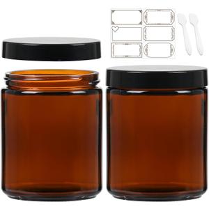 8 oz Amber Round Glass Jars, Pack of 2 with Black Lids, Cosmetics Containers for Face Cream Lotion, Powder, Candle, Spice, Body Butter