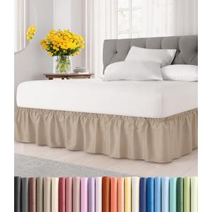 Wrap Around Dust Ruffle Bed Skirt - Cream - for Queen Size Beds with 12 Inch Drop - Easy Fit Elastic Strap - Adjustable Pleated Bedskirt w/Brushed Fabric - Wrinkle Free - for Women, Men, Kids & Teens