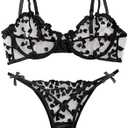 Lilosy Sexy Underwire Cute Push Up Strappy Embroidered Mesh Sheer Lingerie Set See Through Panty Bra Small, Black 