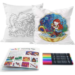 SNEILJOY Kids Fabric Art Kit with 2 Pillowcases (Dinosaur & Mermaid) & 8 Non-Fading Markers, 15.5x15.5 in, Birthday Gifts for 6 Year Old Boys and Girls