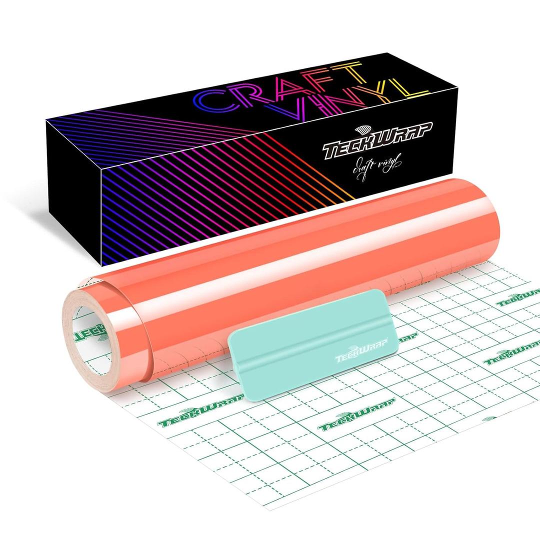 TECKWRAP 001 Vinyl Glossy Permanent Vinyl Adhesive Vinyl Roll for Cutters, Signs, Scrapbooking, Craft, Die Cutters 12" x 20ft, Glossy Salmon Pink