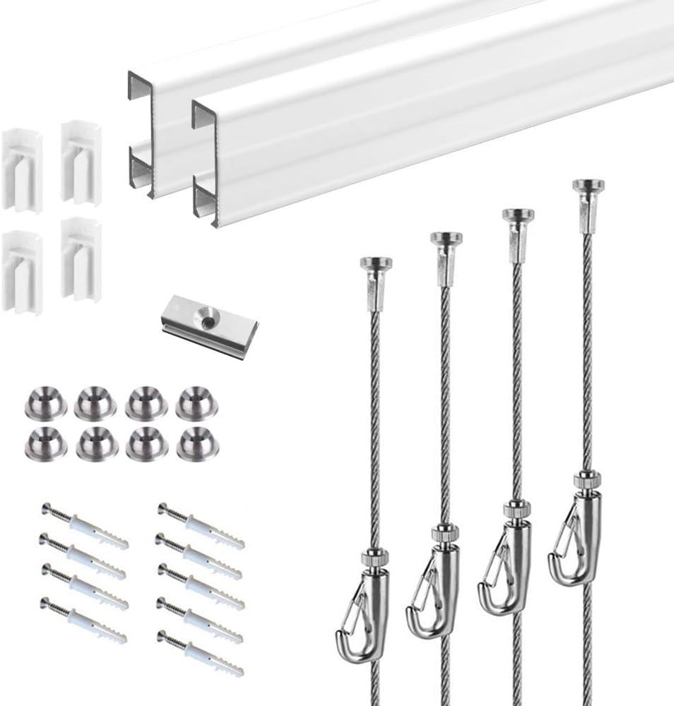 Picture Hanging Systems, for Art Galleries, Home, Two 48inch Rails, Click Rail Kits (2 White Rails 4 Steel Cables & 4 Hooks)
