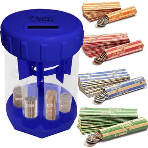 Teacher's Choice Digital Coin Counter Automatic Coin Sorter - 2023 Version - Automatically Sorts U.S. Coins into Individual Tubes and Keeps Digital Count, with 20 Coin Wrappers Included, Blue