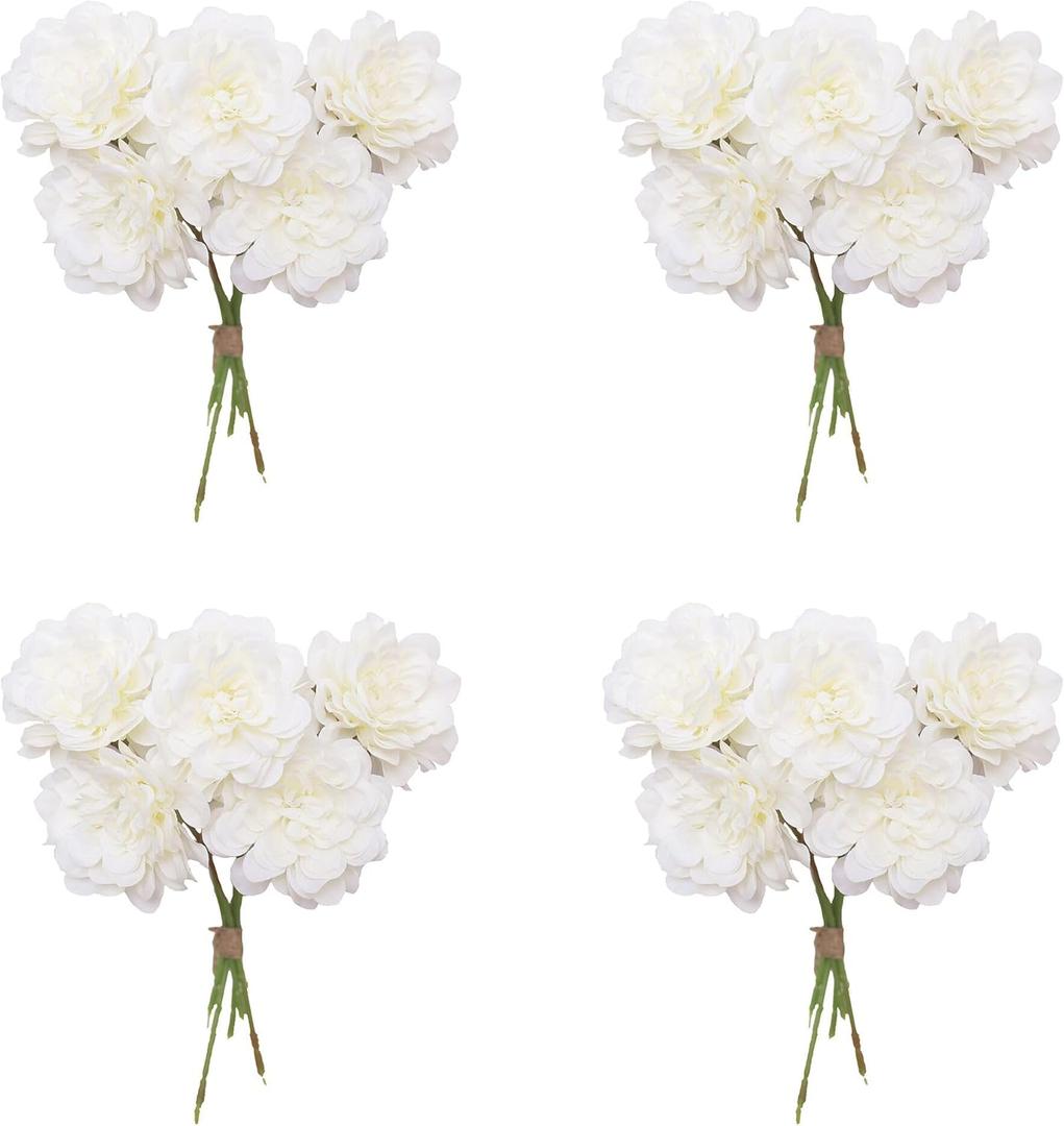 4pcs Peonies Artificial White Flowers, Dahlia Faux Floral, Silk Fake Flower Bouquet with Stems, Fake White Flowers Artificial for Decoration Home Wedding Arrangement