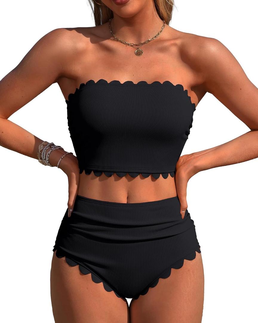Charmo Strapless High Waisted Bikini Sets for Women Tummy Control Scallop Ribbed Bandeau Swimsuit 2026 (Black, S)