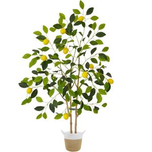 Artificial Lemon Tree, 4ft Tall Fake Lemon Silk Plant with Woven Basket, Faux Lemon Plastic Fruit Tree for Indoor Home Decor Office Living Room